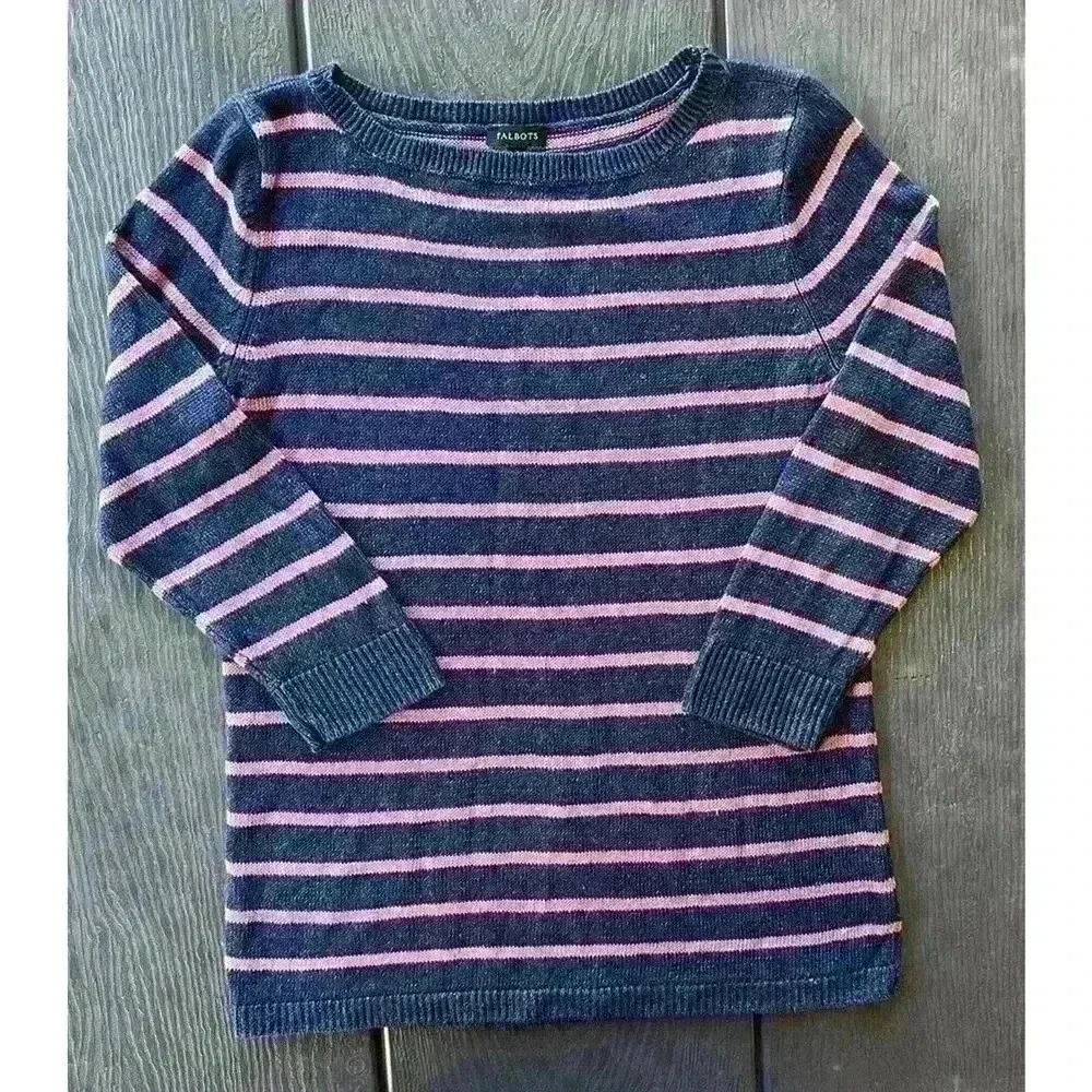 Talbots Boat Neck Knit Sweater Size Medium 100% Linen Navy Pink Striped